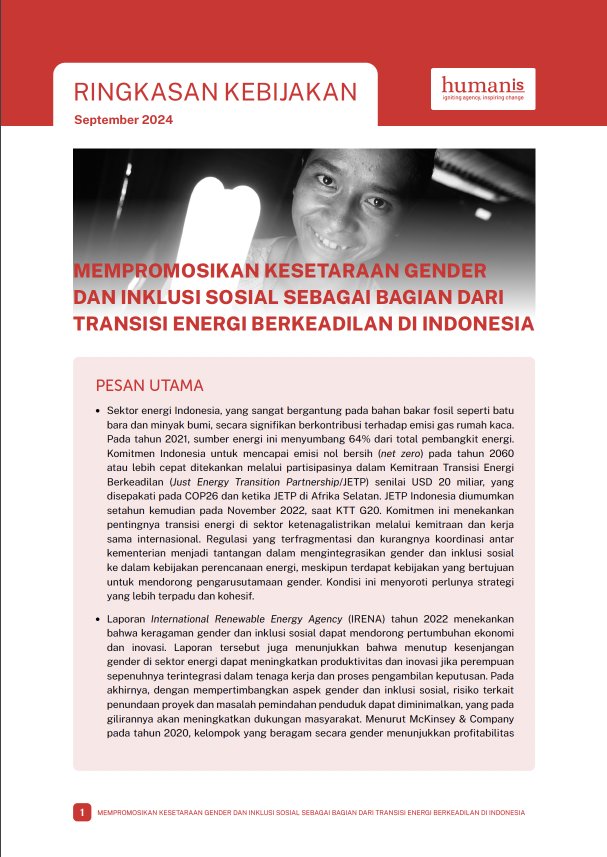 Ringkasan Kebijakan – Mempromosikan Kesetaraan Gender dan Inklusi Sosial Sebagai Bagian Dari Transisi Energi Berkeadilan Indonesia